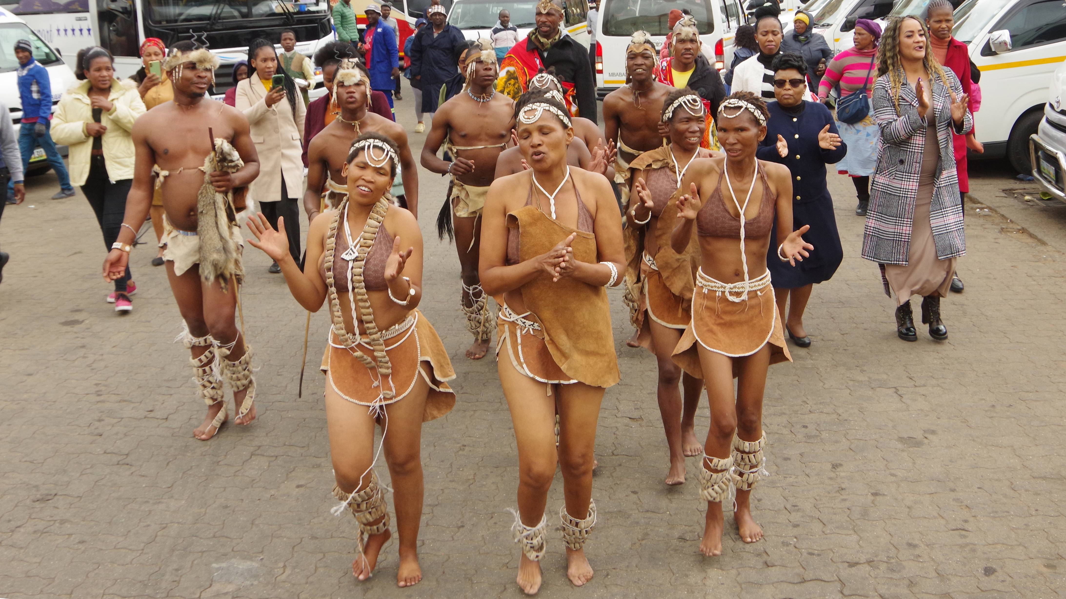 Minister for Tourism and Environmental Affairs Jane Simelane and Lubombo Region MP Futhi Ngcamphalala leading the Khoisan as they paraded through the Mbabane Bus Rank.